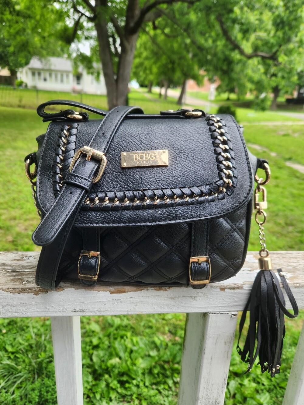 BCBG Paris Vintage Quilted Leather Crossbody with Tassel and Chain Trim EUC